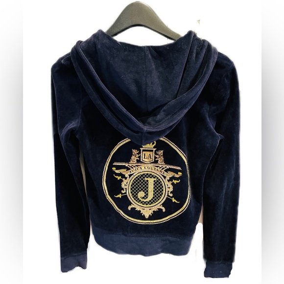Juicy Couture Jackets & Blazers - Juicy Couture Y2K rhinestone navy blue velvet Zip Up Hooded Jacket